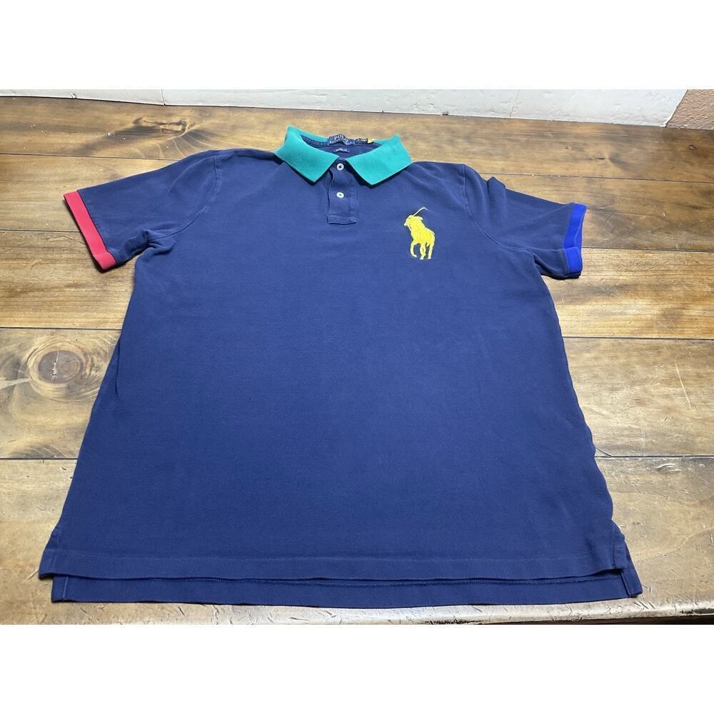 POLO RALPH LAUREN Navy Blue Mesh Contrast Trim Polo Shirt Classic Fit Size Large